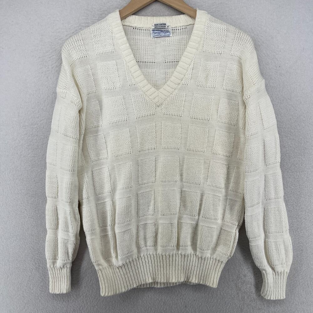 MURRAYS TOGGERY Sweater Women M Textured Windowpane Cotton Off White VTG England